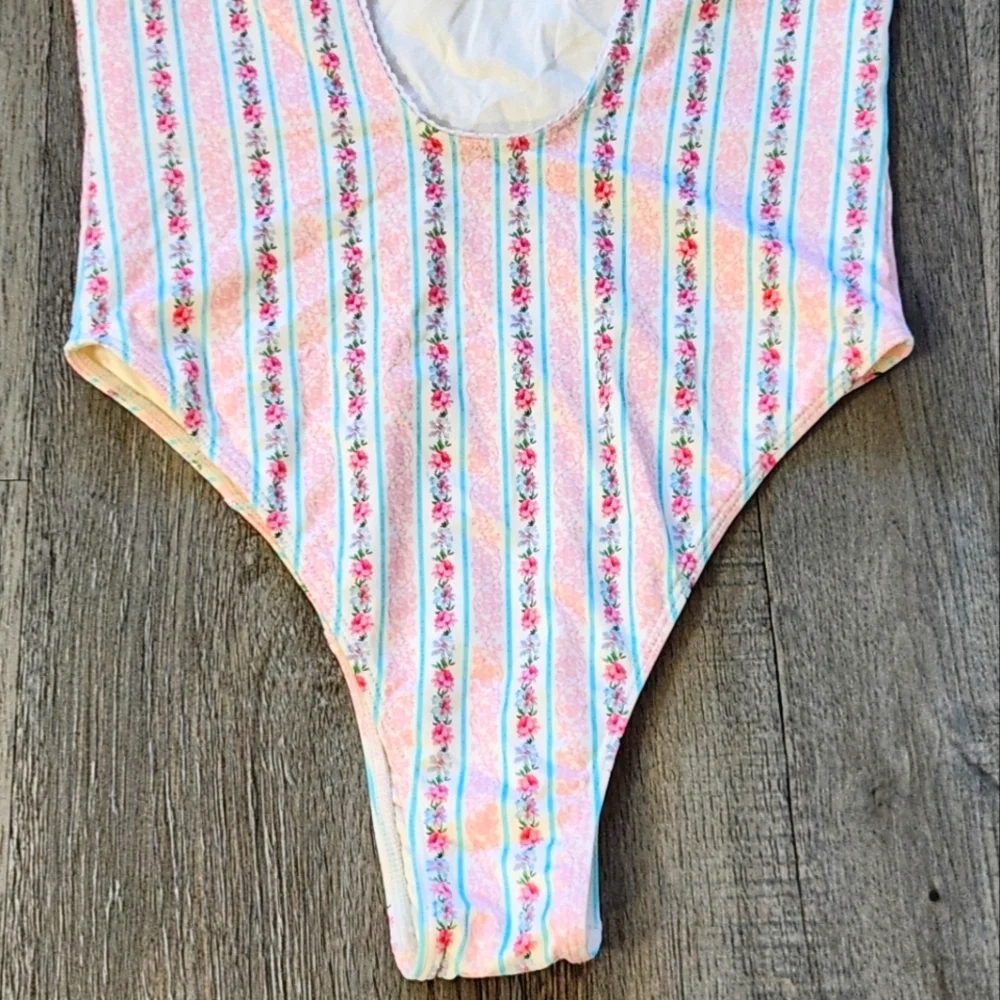 Frankie's Bikinis White One-Piece with Pink and Light Blue Floral Stripes